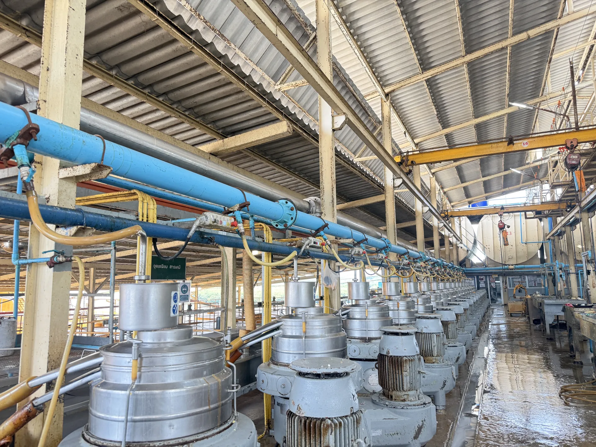 Latex centrifuge hall with a long blue overhead pipe