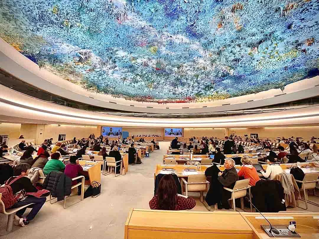 The domed UN Human Rights Council chamber in Geneva in session